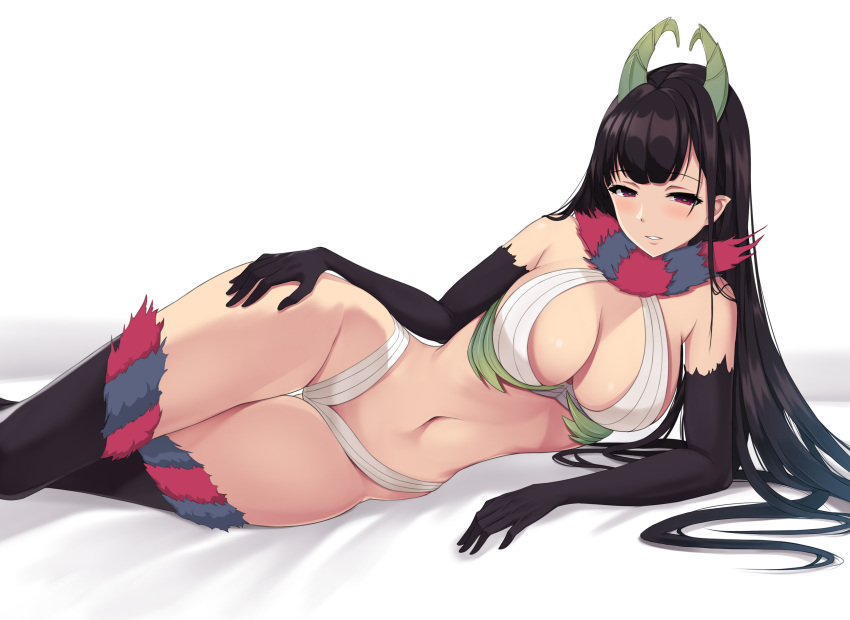 1girl absurdres ane_naru_mono bangs black_gloves black_hair black_legwear blunt_bangs breasts chiyo_(ane_naru_mono) cleavage demon_girl demon_horns elbow_gloves gloves half-closed_eyes hand_on_hip highres horns key_(user_eksy3878) large_breasts light_blush long_hair looking_at_viewer lying navel on_side parted_lips pointy_ears red_eyes revealing_clothes thigh_gap thighhighs thighs wide_hips