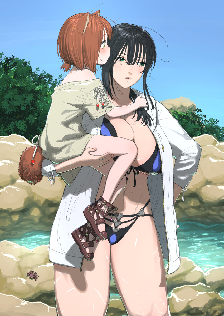 1boy 1girl abs absurdres age_difference animal_ears bangs bikini black_bikini black_hair breasts brown_hair carrying commentary_request cowboy_shot crab day green_eyes hair_between_eyes highres jacket large_breasts long_hair looking_away navel open_clothes open_jacket original outdoors river rock swimsuit tail toned turbo_engine_(rakugaki_tabo) white_jacket