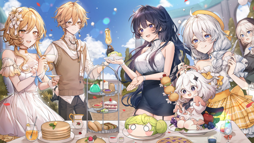 1boy 5girls :d aether_(genshin_impact) ahoge ai-chan_(honkai_impact) alternate_costume bare_arms bare_shoulders black_choker black_hair blonde_hair blue_eyes braid breasts brother_and_sister brown_shirt button_gap cake cake_slice casual choker collared_shirt crossover day dress dress_shirt flower food garter_straps genshin_impact habit hair_flower hair_ornament hair_over_shoulder hat high-waist_skirt highres honkai_(series) honkai_impact_3rd kallen_kaslana kiana_kaslana large_breasts long_hair lumine_(genshin_impact) multiple_girls off-shoulder_shirt off_shoulder open_mouth orange_eyes outdoors paimon_(genshin_impact) pancake pants pencil_skirt pillo plate ponytail raiden_mei shirt shirt_tucked_in short_hair short_hair_with_long_locks siblings single_braid skirt sleeveless sleeveless_dress sleeveless_shirt smile tiered_tray white_dress white_hair white_shirt