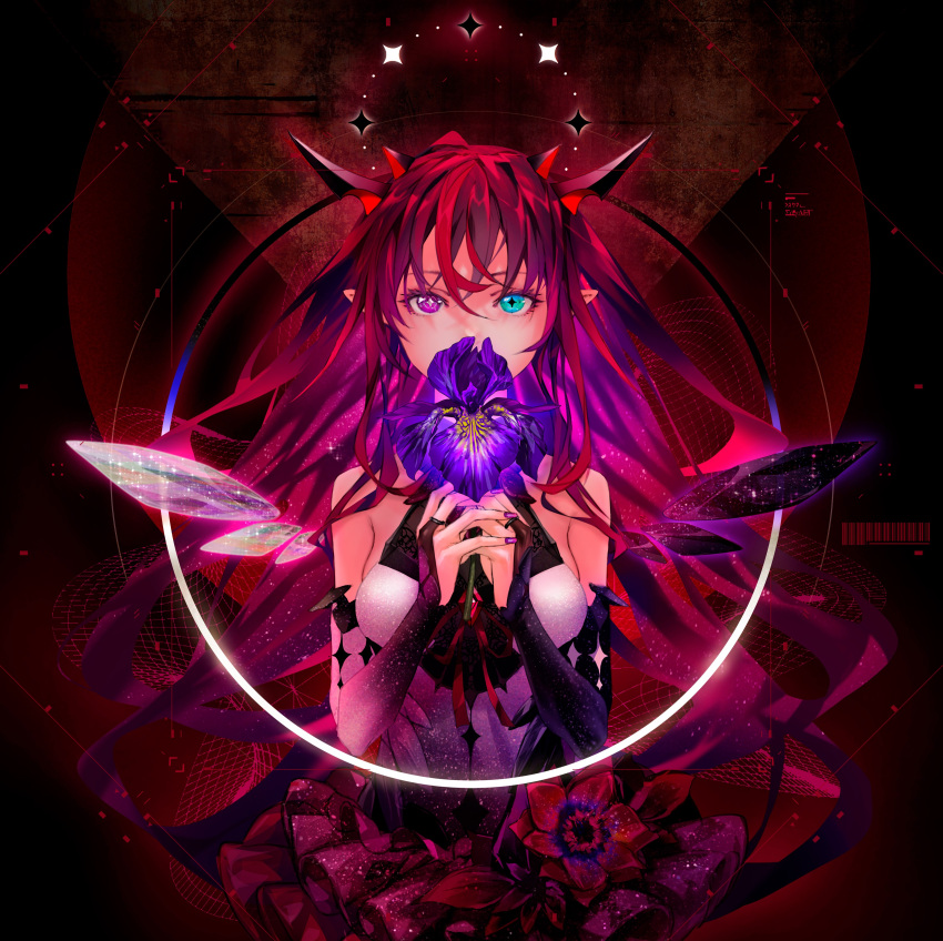 1girl absurdres album_cover bangs blue_eyes cover detached_sleeves detached_wings eyebrows_behind_hair flower halo halter_top halterneck heterochromia highres holding holding_flower hololive hololive_english irys_(hololive) official_art pink_skirt pointy_ears purple_eyes purple_flower purple_hair redjuice skirt solo upper_body virtual_youtuber wings
