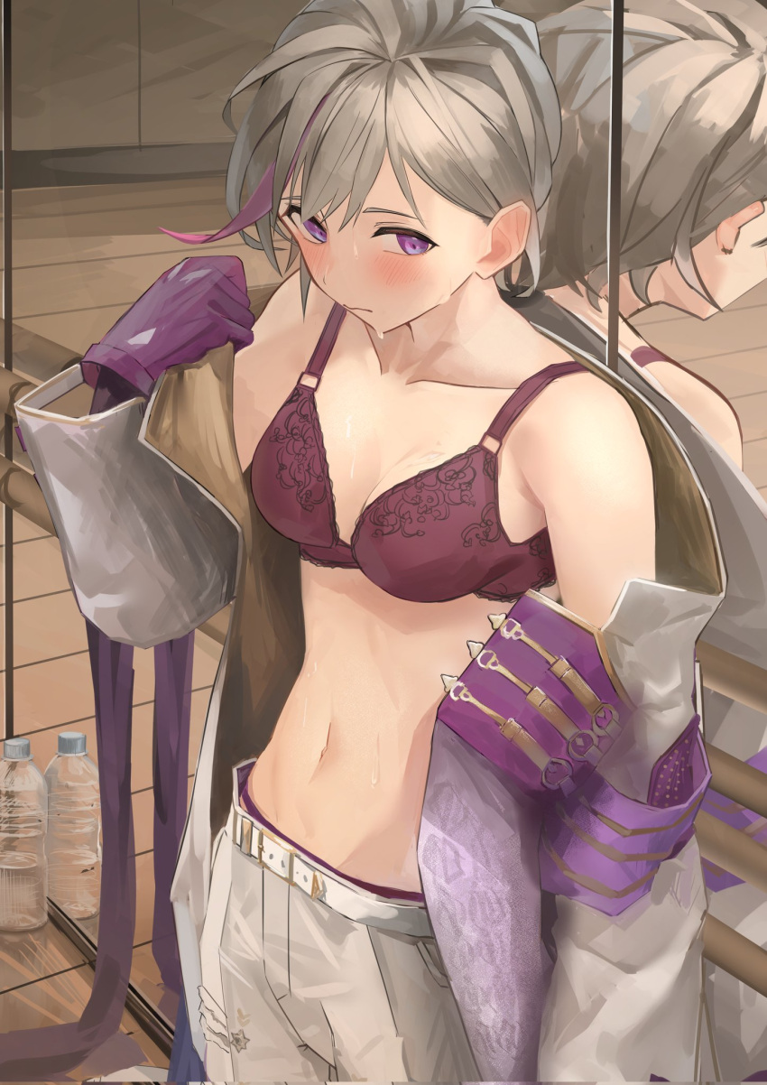 1girl blush bottle bra breasts closed_mouth collarbone contender_(girls'_frontline) cowboy_shot girls'_frontline gloves greyscale highres long_sleeves medium_breasts mirror monochrome multicolored_hair navel open_clothes pants purple_eyes purple_gloves purple_hair ra_9rara reflection solo streaked_hair sweat underwear white_pants