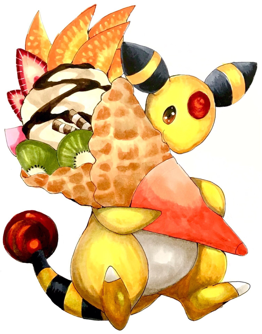 ampharos animal_focus brown_eyes chocolate closed_mouth commentary crepe dessert food food_focus fruit full_body gen_2_pokemon happy highres holding holding_food ice_cream kiwi_slice kiwifruit mango marker_(medium) mofuo no_humans oversized_food pokemon pokemon_(creature) simple_background smile solo strawberry traditional_media wafer_stick white_background