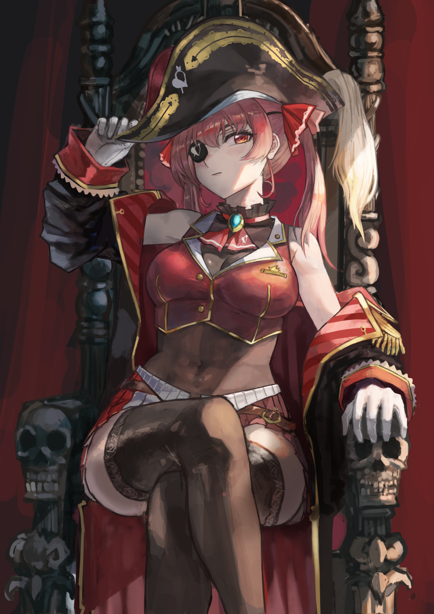 1girl absurdres belt black_coat black_eyepatch black_headwear black_legwear breasts chair cleavage closed_mouth coat covered_navel crossed_legs eyepatch frills gloves hand_on_headwear hat highres hololive houshou_marine long_hair looking_at_viewer pirate pirate_hat red_eyes red_hair red_skirt red_theme seiya_(artist) skirt skull solo thighhighs throne twintails virtual_youtuber white_gloves