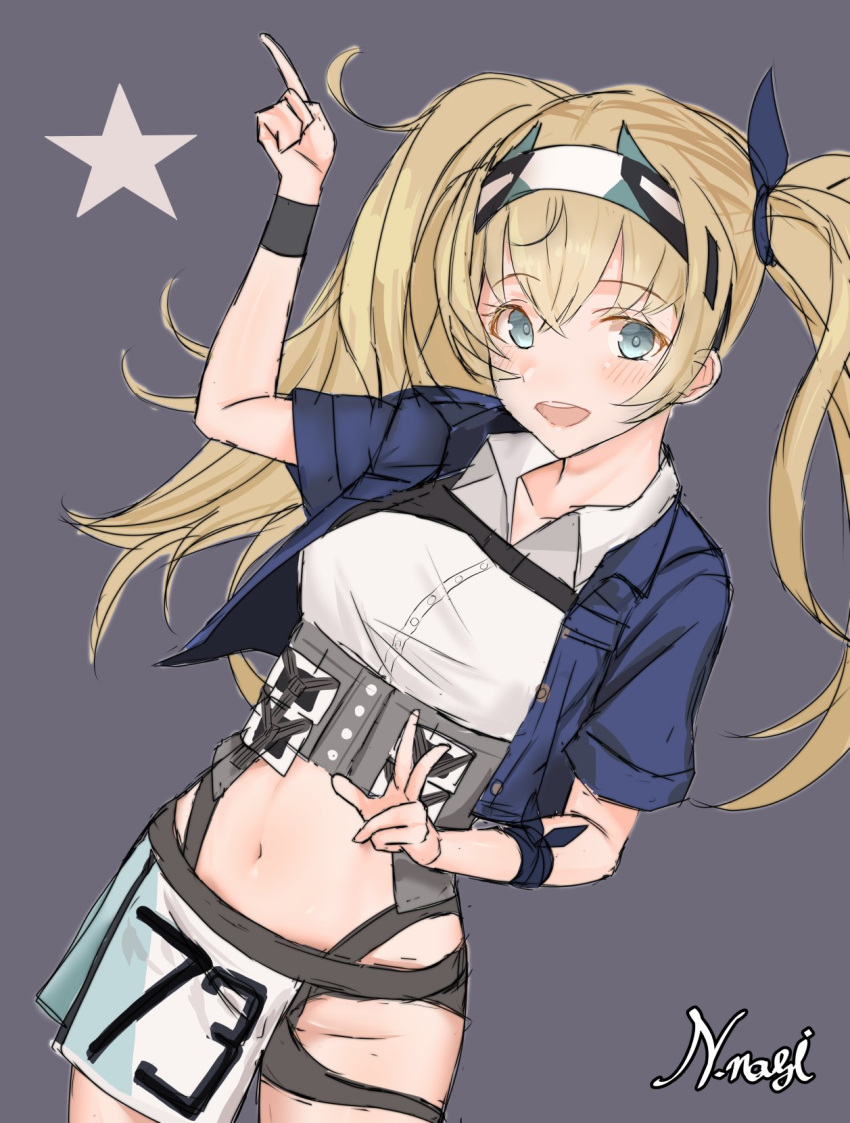 1girl belt blonde_hair blue_eyes breast_pocket breasts collared_shirt cowboy_shot flight_deck gambier_bay_(kancolle) grey_background hairband half-skirt highres kantai_collection large_breasts machinery nagisa_nagi navel open_collar open_mouth outstretched_arm pocket remodel_(kantai_collection) shirt smile thighhighs twintails white_legwear work_in_progress wristband