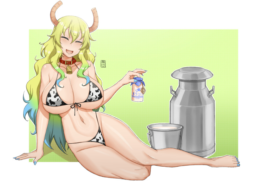 1girl animal_collar animal_print bell bikini blonde_hair blue_nails bottle breasts bucket buckle canister closed_eyes collar collarbone colored_tips cow_print cowbell dragon_girl dragon_horns eyebrows_visible_through_hair fingernails front-tie_bikini front-tie_top handplug highres holding holding_bottle horns huge_breasts kobayashi-san_chi_no_maidragon lactation light_blue_hair light_green_hair long_fingernails long_hair milk milk_bottle navel neck_bell open_mouth quetzalcoatl_(maidragon) red_collar simple_background sitting skindentation smile solo strap_gap swimsuit white_background