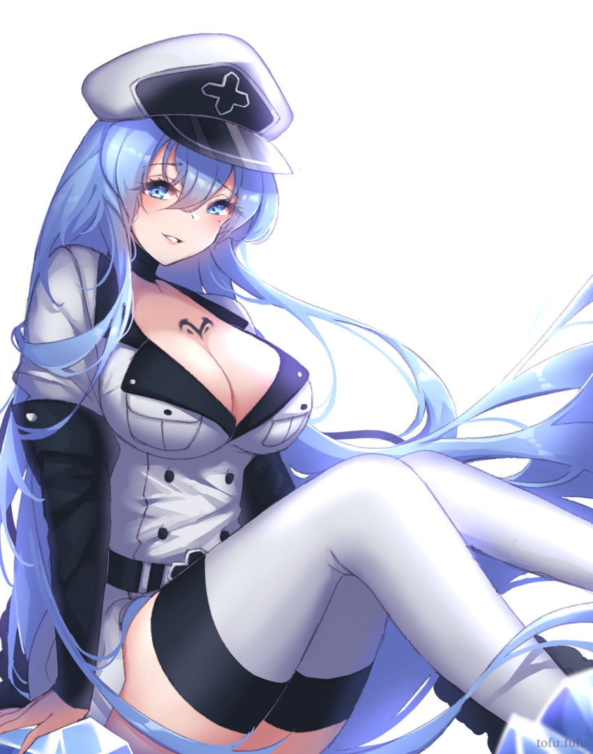 1girl akame_ga_kill! belt blue_eyes blue_hair blush boots breasts chest_tattoo choker cleavage commentary_request esdeath eyebrows_visible_through_hair hair_between_eyes hat highres ice large_breasts long_hair looking_at_viewer military military_uniform mole mole_under_eye open_mouth peaked_cap simple_background smile solo tattoo thigh_boots thighhighs tofu_fufu uniform very_long_hair white_background
