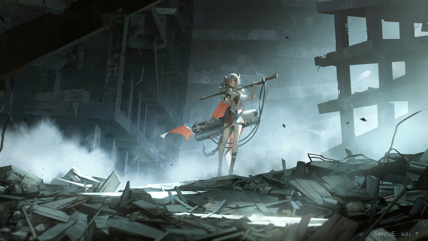 1girl arknights artist_name bangs black_dress building cape closed_mouth dated dress flamethrower grey_hair hair_between_eyes han_yijie hands_up highres holding holding_weapon horns ifrit_(arknights) jacket long_hair looking_at_viewer outdoors over_shoulder red_eyes rubble short_sleeves solo standing striped tail vertical-striped_dress vertical_stripes weapon weapon_over_shoulder white_jacket wide_shot