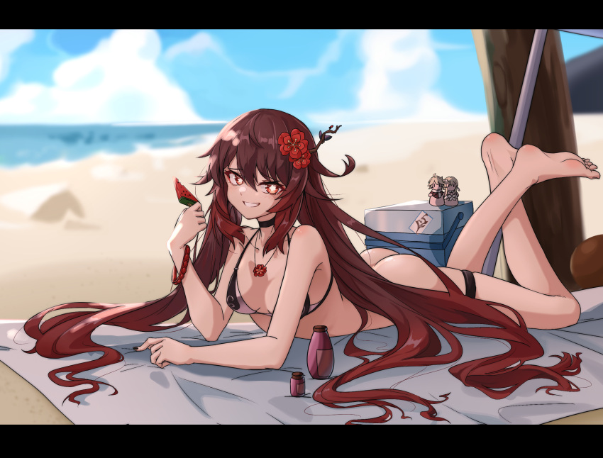 1girl aether_(genshin_impact) bangs beach bead_bracelet beads bikini black_nails blurry blurry_background bottle box bracelet breasts brown_hair carpet choker colored_tips commentary_request day flower flower-shaped_pupils food fruit genshin_impact hair_flower hair_ornament highres holding holding_food hu_tao_(genshin_impact) jewelry kaiven long_hair looking_at_viewer lumine_(genshin_impact) lying nail_polish necklace on_stomach open_mouth outdoors plum_blossoms red_eyes red_flower red_hair shiny smile solo swimsuit symbol-shaped_pupils talisman thigh_strap twintails very_long_hair watermelon