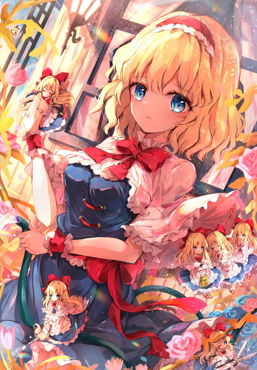1girl alice_margatroid apron blonde_hair blue_dress blue_eyes blush bow bowtie breasts capelet carrying closed_eyes curly_hair dress flower frilled_capelet frilled_dress frills hair_between_eyes hair_bow hairband hand_up highres holding holding_scissors holding_watering_can hunya lolita_hairband long_hair medium_breasts medium_hair open_mouth red_bow red_hairband scissors shanghai_doll smile solo touhou waist_apron watering watering_can white_apron white_capelet