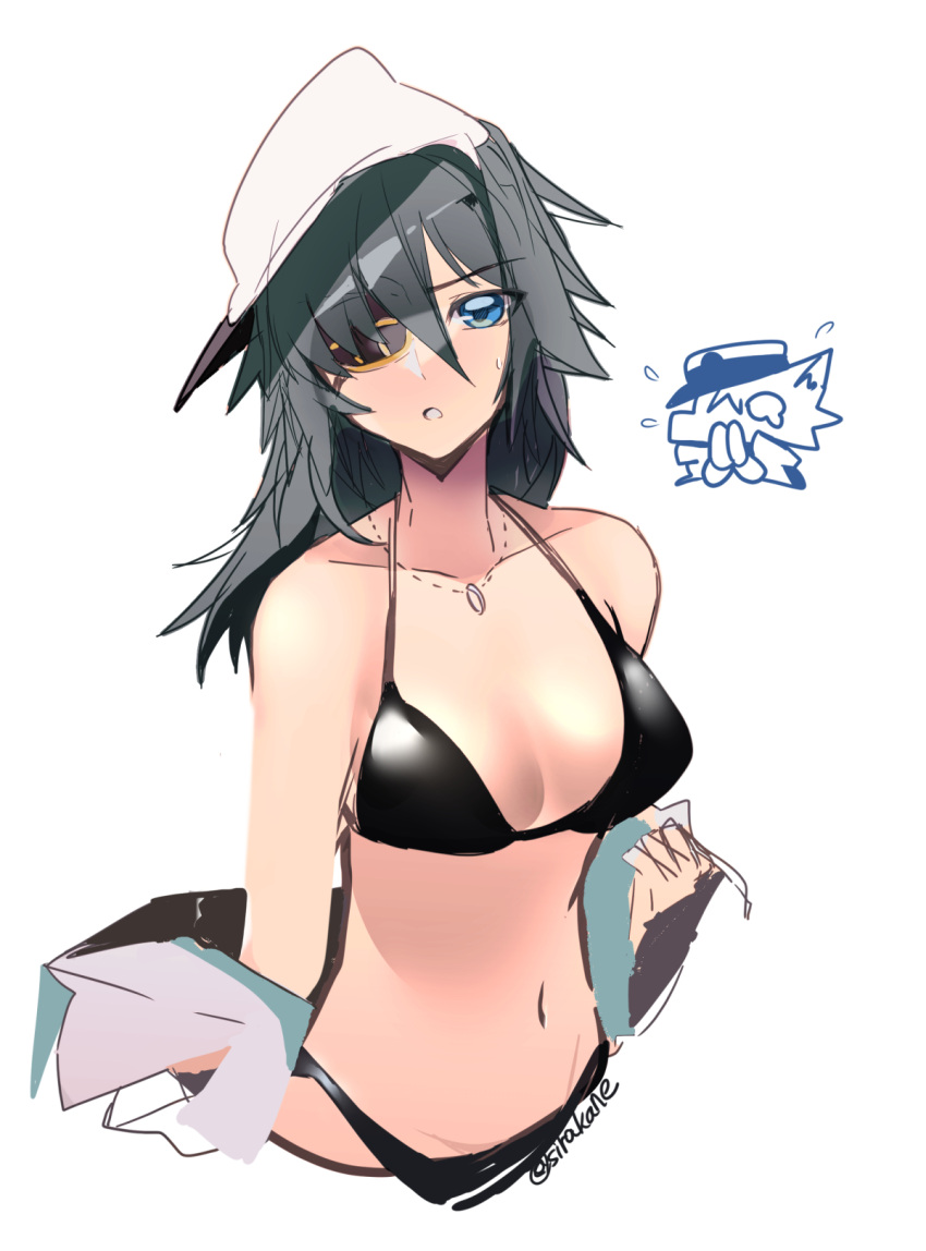 1boy 1girl admiral_(kancolle) bikini black_bikini blue_eyes breasts commentary_request cropped_torso eyepatch green_hair grey_background hat highres kantai_collection kiso_(kancolle) looking_at_viewer medium_breasts neckerchief parted_lips sailor_hat school_uniform serafuku short_hair simple_background sirakane_(tigo5115) solo_focus swimsuit white_headwear