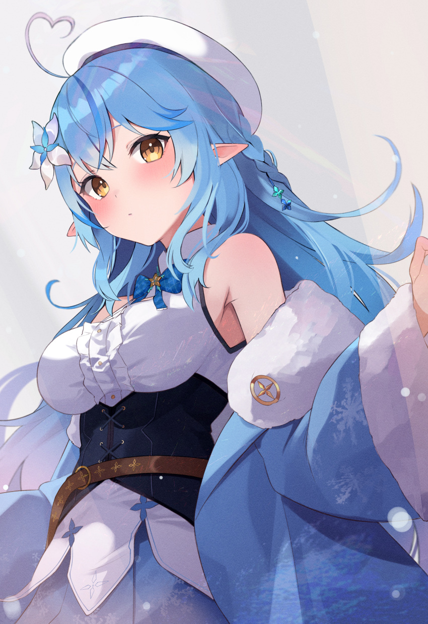 absurdres ahoge bangs belt beret blue_hair braid breasts brown_belt center_frills coat elf flower frills fur-trimmed_coat fur_trim hair_between_eyes hair_flower hair_ornament half_updo hat heart_ahoge heart_hair highres hololive huge_filesize large_breasts leather_belt long_hair pointy_ears shirt snowflake_print very_long_hair virtual_youtuber white_shirt yellow_eyes yudetama yukihana_lamy