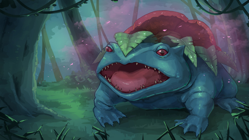 chao_xiaopu commentary_request gen_1_pokemon grass highres leaf no_humans open_mouth outdoors pokemon pokemon_(creature) sharp_teeth solo teeth tongue tree vapors venusaur