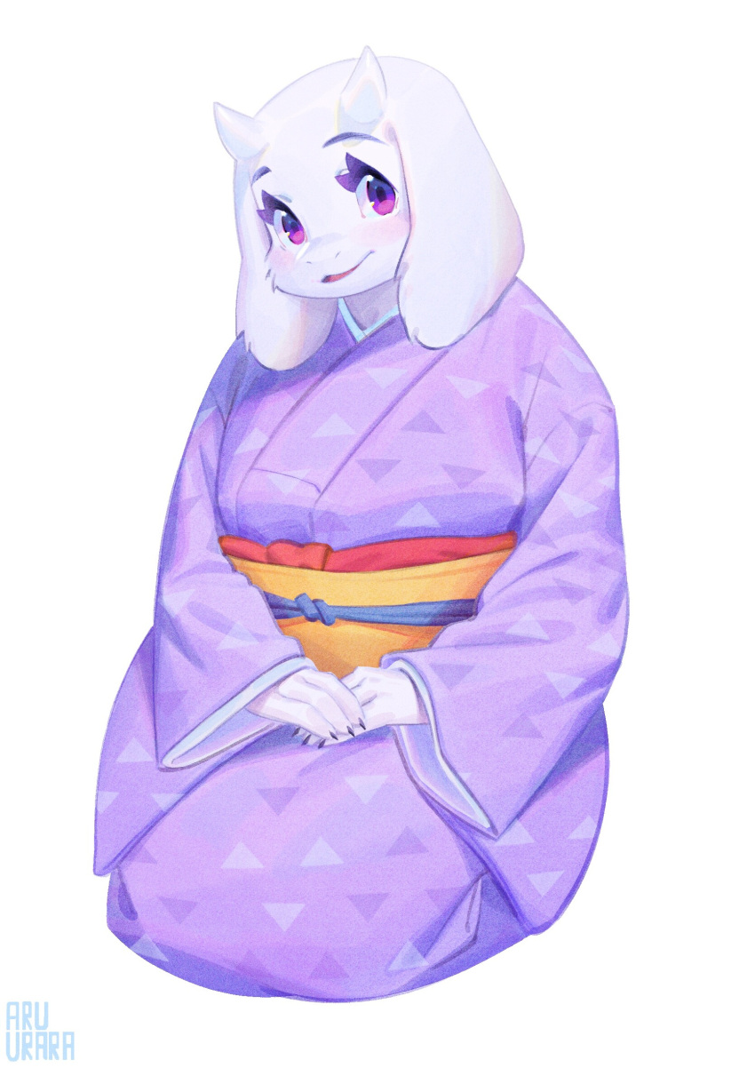 1girl animal_ears artist_name blush colored_eyelashes eyelashes full_body furry goat_ears goat_horns hands_together highres horns inuki_(aruurara) japanese_clothes kimono kneeling looking_at_viewer purple_eyes simple_background smile solo toriel undertale white_fur