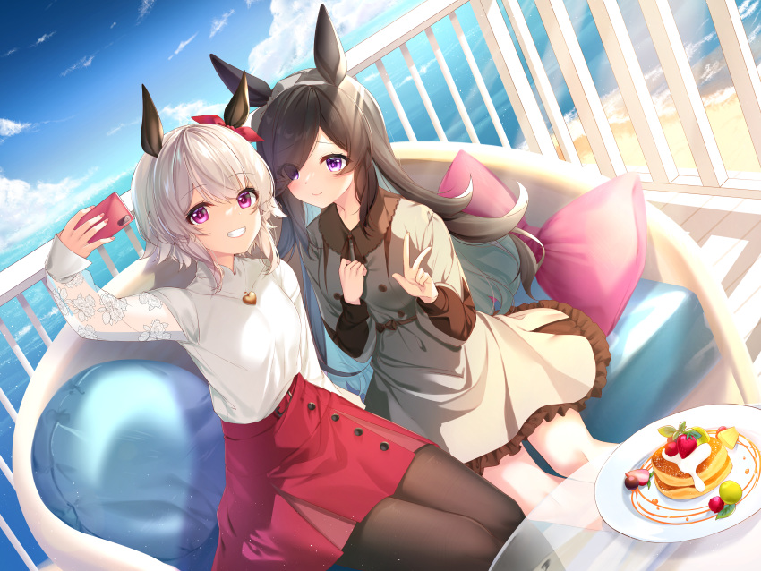 2girls animal_ears food rice_shower_(umamusume) rukinya tagme_(character) uma_musume:_pretty_derby water