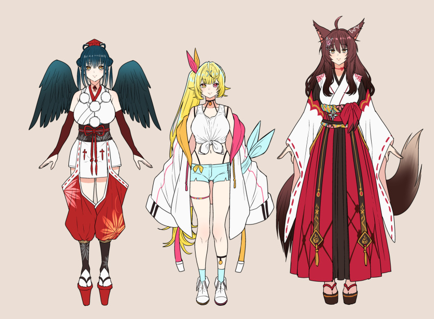 3girls ahoge animal_ears bangs bare_shoulders beige_background black_hair blonde_hair blue_legwear breasts brown_eyes brown_hair choker elbow_gloves feathered_wings fumi_(nijisanji) gloves hair_ornament hairclip hat heterochromia highres hoshikawa_sara japanese_clothes long_hair midriff multiple_girls navel nijisanji pink_eyes red_gloves sandals sash shorts side_ponytail simple_background socks tail thigh_strap twintails virtual_youtuber white_legwear wings yamagami_karuta yanagida_fumita yellow_eyes