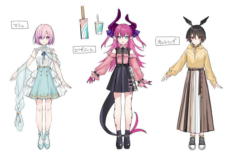 3girls :o absurdres aqua_eyes belt black_bow black_footwear black_hair blue_footwear blue_skirt bow breasts character_name character_sheet churro collar cup curled_horns disposable_cup dragon_tail drinking_straw elizabeth_bathory_(fate) elizabeth_bathory_(fate)_(all) eyes_visible_through_hair fate/grand_order fate_(series) feather_hair full_body hair_over_one_eye hair_ribbon hanagata highres hood hoodie horns long_hair long_skirt long_sleeves mary_janes mash_kyrielight medium_breasts multiple_girls neck_ribbon off-shoulder_shirt off_shoulder ortlinde_(fate) petals pink_collar pink_hair pink_shirt pointy_ears puffy_long_sleeves puffy_sleeves purple_eyes purple_hair purple_ribbon red_eyes ribbon shawl shirt shoes short_hair simple_background skirt sleeveless sleeveless_shirt smile sneakers socks standing tail two_side_up valkyrie_(fate) white_background white_shirt white_skirt yellow_hoodie