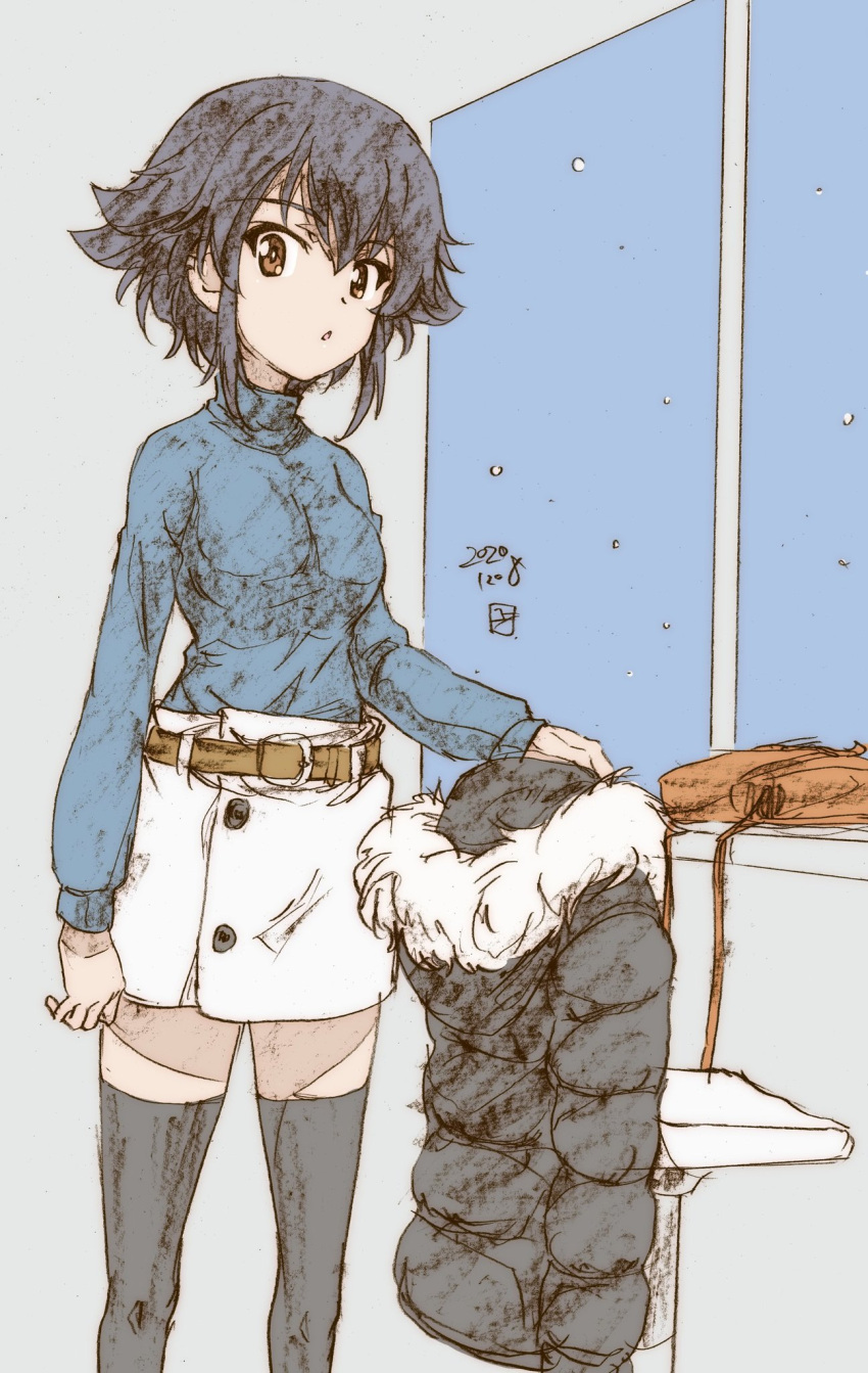 1girl artist_name bad_id bad_twitter_id bag bangs belt black_hair black_legwear blue_shirt braid brown_belt brown_eyes casual colored_pencil_(medium) commentary dated erakin eyebrows_visible_through_hair girls_und_panzer handbag highres holding_coat long_sleeves looking_at_viewer miniskirt parted_lips pepperoni_(girls_und_panzer) shirt short_hair side_braid signature sketch skirt solo standing stool thighhighs traditional_media turtleneck white_skirt