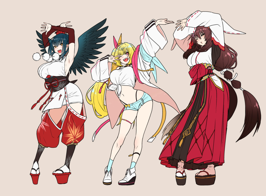 3girls :d ;d armpits arms_up bangs bare_shoulders beige_background black_hair blonde_hair blue_legwear breasts brown_hair elbow_gloves feathered_wings fumi_(nijisanji) gloves hair_ornament hairclip hat highres hoshikawa_sara japanese_clothes long_hair looking_at_viewer midriff multiple_girls navel nijisanji one_eye_closed open_mouth pink_hair ponytail red_gloves sandals sash shorts side_ponytail simple_background smile socks tail teeth thigh_strap twintails virtual_youtuber white_legwear wings yamagami_karuta yanagida_fumita yellow_eyes