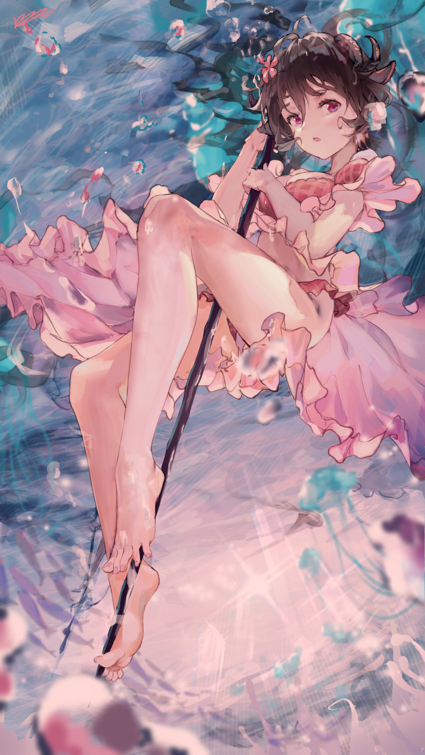 1girl :o absurdres air_bubble antenna_hair arknights bangs bare_legs barefoot between_legs bikini breasts brown_hair bubble commentary english_commentary eyebrows_visible_through_hair eyjafjalla_(arknights) eyjafjalla_(summer_flowers)_(arknights) feet floating_hair flower freediving full_body hair_between_eyes hair_flower hair_ornament hands_up highres holding holding_staff jellyfish kioroshin long_hair medium_breasts official_alternate_costume pink_bikini pink_flower pink_nails plaid plaid_bikini purple_eyes solo staff swimsuit toenail_polish underwater