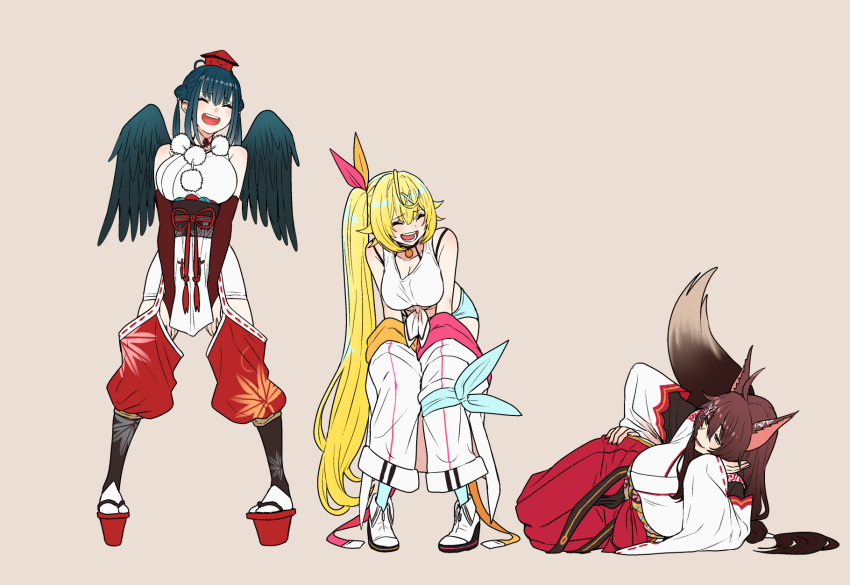 3girls :d ^_^ ^o^ ahoge animal_ears bangs bare_shoulders beige_background black_hair blonde_hair blue_legwear breasts brown_hair choker cleavage closed_eyes elbow_gloves eyebrows_visible_through_hair feathered_wings fumi_(nijisanji) gloves hair_ornament hairclip hat highres hoshikawa_sara japanese_clothes long_hair lying midriff multiple_girls navel nijisanji on_side open_mouth red_gloves sandals sash shorts side_ponytail simple_background smile socks tail teeth thigh_strap twintails virtual_youtuber white_legwear wings yamagami_karuta yanagida_fumita