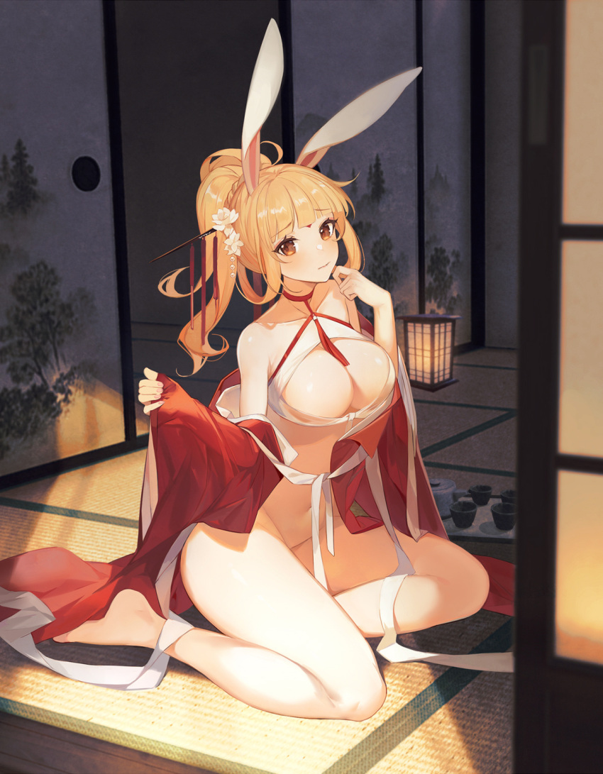 1girl ahoge animal_ears azur_lane bangs bare_legs barefoot blonde_hair blunt_bangs blush breasts brown_eyes bunny_ears choker cleavage cosplay cropped eyebrows_visible_through_hair flower glorious_(azur_lane) glorious_(azur_lane)_(cosplay) glorious_(pungent_plum)_(azur_lane) hair_flower hair_ornament hand_to_own_mouth head_tilt highres indoors large_breasts long_hair looking_at_viewer navel original ponytail revealing_clothes ribbon_choker sidelocks sitting solo tatami yayako_(804907150) yokozuwari