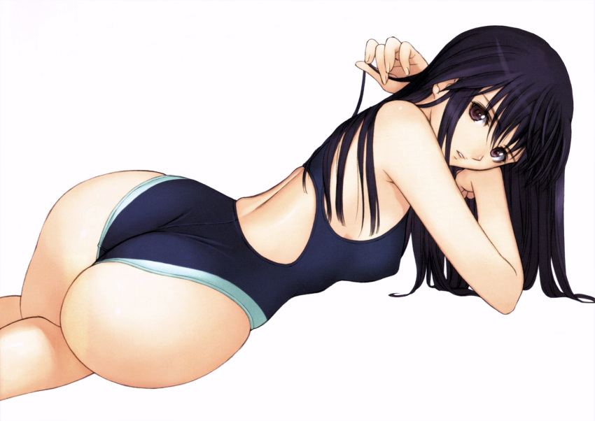 1girl absurdres ass blue_swimsuit from_behind highres huge_ass long_hair looking_at_viewer one-piece_swimsuit scan simple_background solo swimsuit tony_taka white_background zegapain