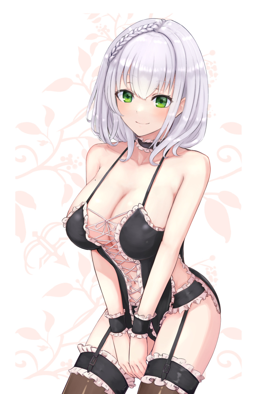 1girl bangs black_legwear braid breasts choker cleavage closed_mouth collarbone commission cowboy_shot eyebrows_visible_through_hair french_braid frilled_choker frilled_underwear frills garter_belt garter_straps garters green_eyes highres hololive izu_(tea_value_lord) large_breasts leaf leaf_background light_blush light_smile lingerie mole mole_on_breast shirogane_noel short_hair silver_hair solo thighhighs underwear virtual_youtuber