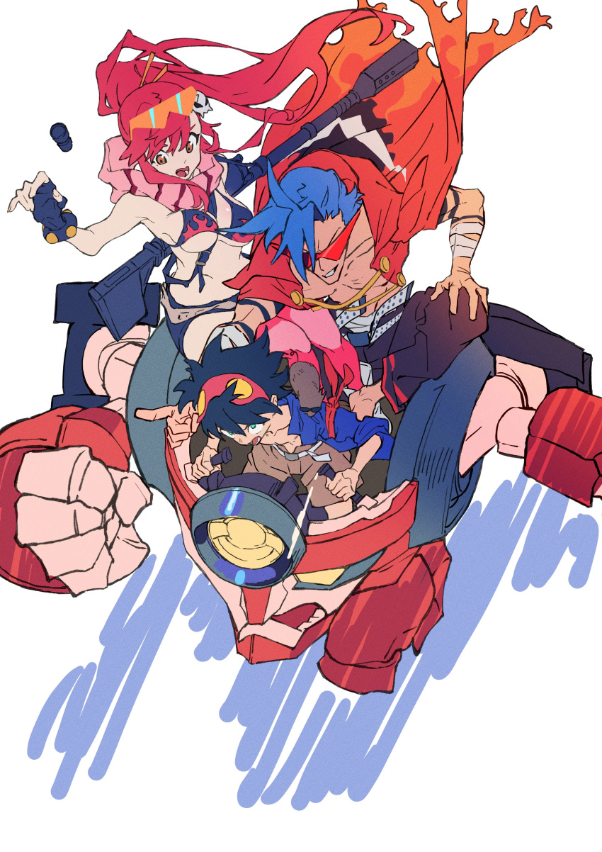 1girl 2boys absurdres bandaged_arm bandages bare_pectorals bikini bikini_top black_shorts blue_eyes blue_hair bouncing_breasts breasts cape clenched_hand fingerless_gloves flame_print gloves goggles goggles_on_head gun hair_ornament highres holding holding_gun holding_weapon kamina_(ttgl) kamina_shades lagann mecha medium_breasts multiple_boys open_cockpit open_hand pectorals ponytail red_cape red_eyes red_hair rifle running scarf science shorts simon_(ttgl) skull_hair_ornament sniper_rifle swimsuit tengen_toppa_gurren_lagann weapon yellow_scarf yoko_littner you_(nanban319)