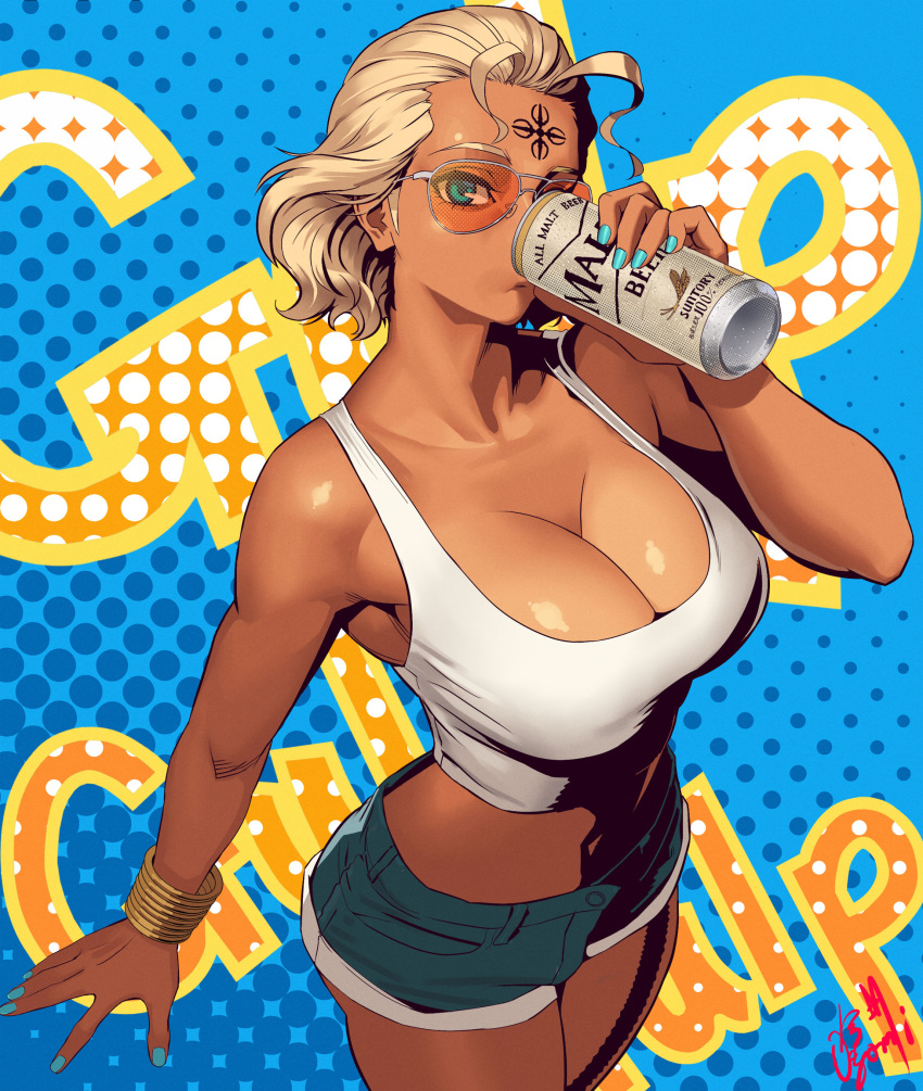 1girl alcohol aviator_sunglasses bare_shoulders beer_can blonde_hair blue_background blue_nails blue_shorts bracelet breasts can cleavage crop_top denim denim_shorts drinking facial_mark forehead_mark from_above highres jewelry large_breasts midriff nail_polish ogami original patterned_background short_hair short_shorts shorts standing sunglasses tan tank_top white_tank_top