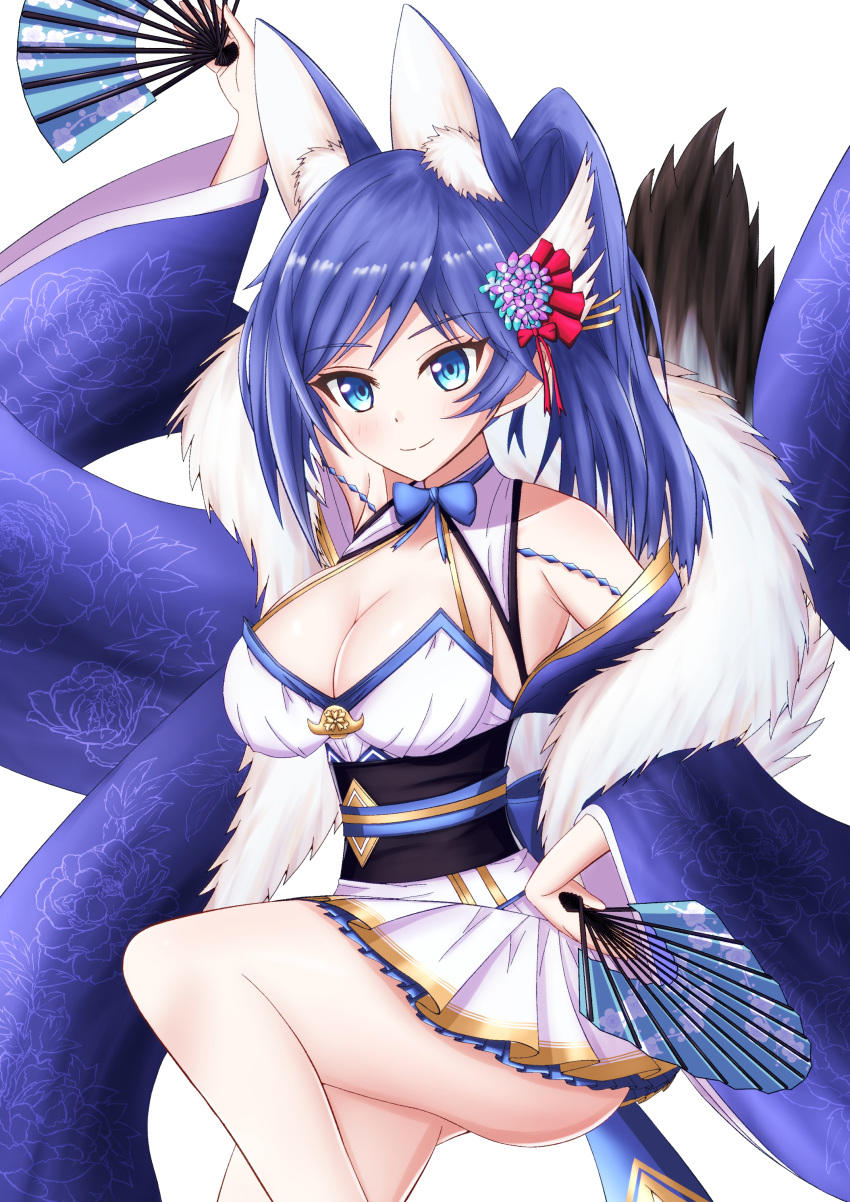 1girl absurdres animal_ear_fluff animal_ears azur_lane blue_ribbon breasts cleavage degawa1121 eyebrows_visible_through_hair fan flower folding_fan fox_ears fox_tail fur_scarf hair_flower hair_ornament highres holding holding_fan jintsuu_(azur_lane) large_breasts obi ponytail ribbon sash simple_background solo standing standing_on_one_leg tail tsurime white_background wide_sleeves
