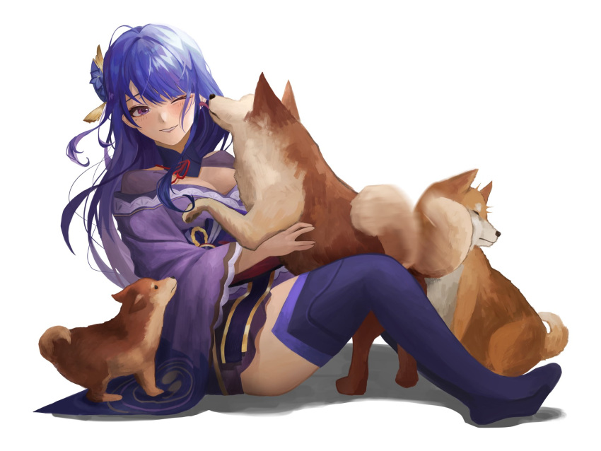 1girl animal bangs blush breasts cleavage commentary english_commentary flower genshin_impact hair_flower hair_ornament highres japanese_clothes kimono large_breasts licking licking_face long_hair long_sleeves mole mole_under_eye one_eye_closed open_mouth purple_eyes purple_flower purple_hair raiden_(genshin_impact) ribbon shiba_inu shiyori simple_background sitting smile solo tassel thighhighs white_background wide_sleeves