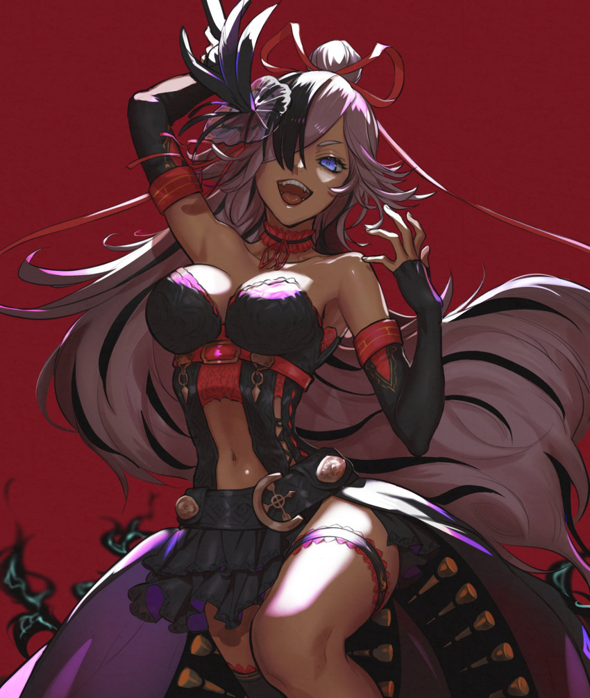 1girl black_gloves black_hair blue_eyes breasts cinderella_(sinoalice) cleavage clothing_cutout dark-skinned_female dark_skin dress elbow_gloves feather_hair_ornament feathers gloves hair_bun hair_ornament hair_ribbon happy highres large_breasts legband multicolored_hair navel_cutout ogamiomi open_mouth petticoat ponytail purple_hair red_background ribbon simple_background sinoalice smoke solo teeth two-tone_hair