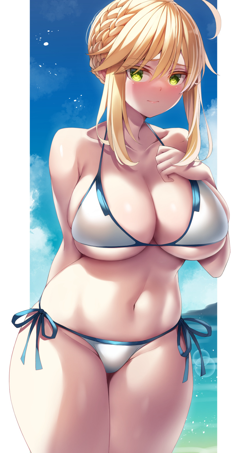 1girl absurdres artoria_pendragon_(all) artoria_pendragon_(lancer)_(fate) bangs bare_shoulders beach bikini blonde_hair blue_sky blush braid breasts cleavage collarbone fate/grand_order fate_(series) french_braid green_eyes hair_between_eyes highres large_breasts long_hair looking_at_viewer nano_(syoutamho) navel ocean sidelocks sky swimsuit thighs white_bikini