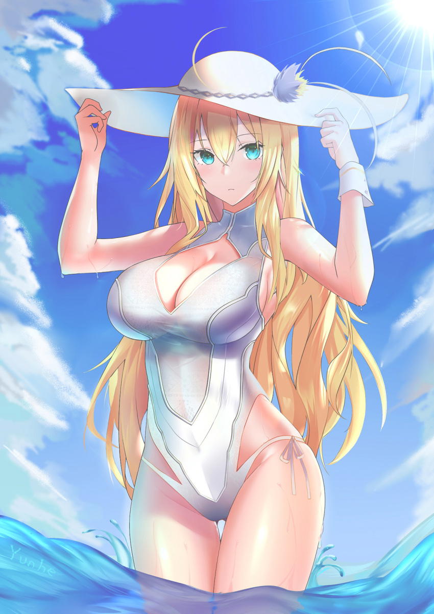 1girl alternate_hairstyle aqua_eyes artist_name artoria_pendragon_(all) artoria_pendragon_(swimsuit_ruler)_(fate) bangs bare_shoulders blonde_hair blue_sky blush breasts cleavage_cutout closed_mouth clothing_cutout cloud commentary_request covered_navel day eyebrows_visible_through_hair fate/grand_order fate_(series) hair_between_eyes hat highres in_water large_breasts long_hair looking_at_viewer ocean one-piece_swimsuit outdoors sideboob sky solo sun_hat sunlight swimsuit water wet white_headwear white_swimsuit yunhe_(1735226079)
