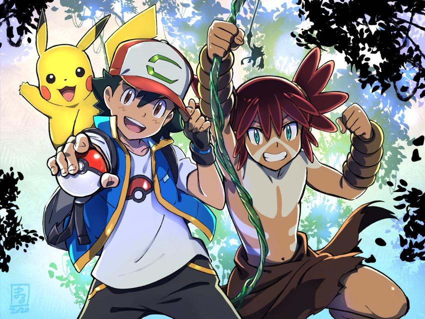 2boys :d ash_ketchum backpack bag bangs baseball_cap black_gloves black_hair blue_jacket bodypaint brown_eyes brown_hair clenched_hand commentary_request fingerless_gloves gen_1_pokemon gloves grin hair_between_eyes hat highres holding holding_poke_ball jacket koko_(pokemon) loincloth looking_at_viewer male_focus marufuji_hirotaka multiple_boys navel open_mouth outstretched_arm pikachu plant poke_ball pokemon pokemon_(anime) pokemon_(creature) pokemon_m23 shirt shirtless short_sleeves sleeveless sleeveless_jacket smile t-shirt teeth tongue upper_teeth vines white_shirt