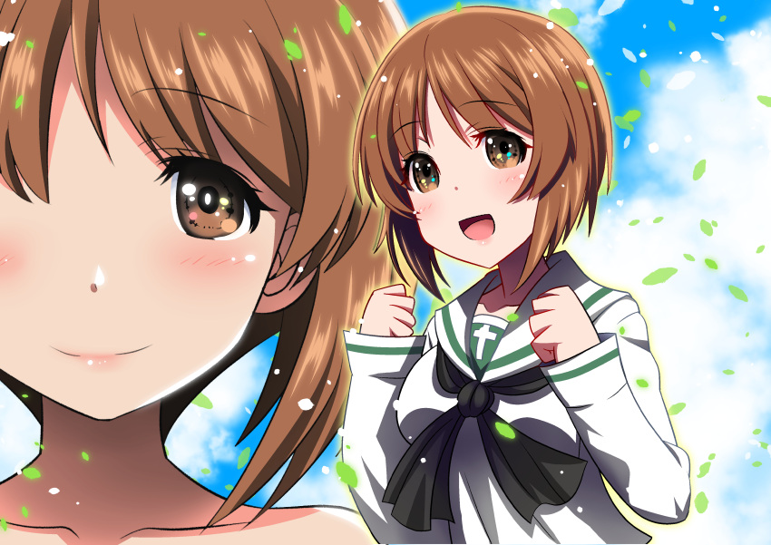 1girl absurdres ai_wa_muteki bangs bare_shoulders black_neckwear blouse blue_sky brown_eyes brown_hair clenched_hands closed_mouth cloud cloudy_sky eyebrows_visible_through_hair girls_und_panzer highres leaf long_sleeves looking_at_viewer multiple_views neckerchief nishizumi_miho ooarai_school_uniform open_mouth sailor_collar school_uniform serafuku short_hair sky smile white_blouse white_sailor_collar
