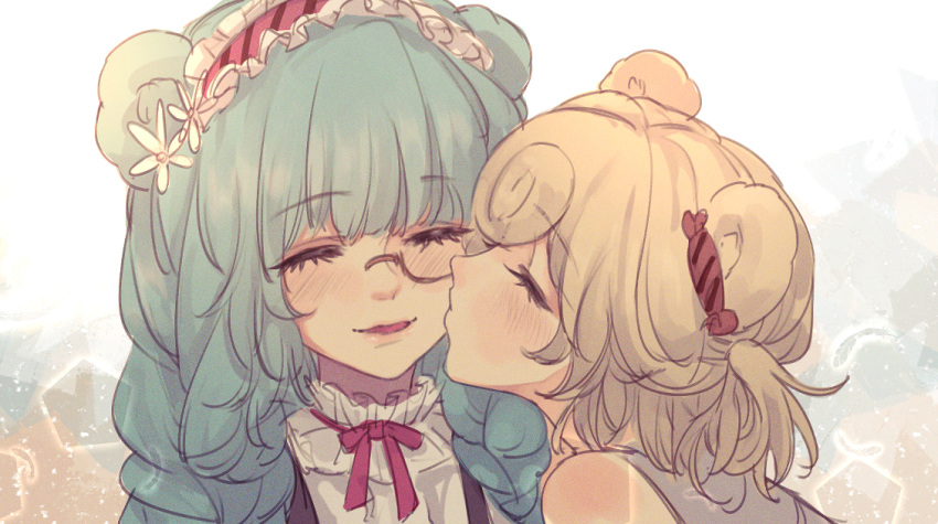 2girls animal_ears arknights bangs bear_ears blonde_hair blue_hair blush bow bowtie braid candy_hair_ornament closed_eyes eyebrows_visible_through_hair feathers food-themed_hair_ornament gummy_(arknights) hair_ornament headdress istina_(arknights) istina_(bibliosmia)_(arknights) kiss kissing_cheek long_hair monocle multiple_girls official_alternate_costume parted_lips pentagon_(shape) red_bow short_hair smile tongue twin_braids upper_body ya_kexi yuri