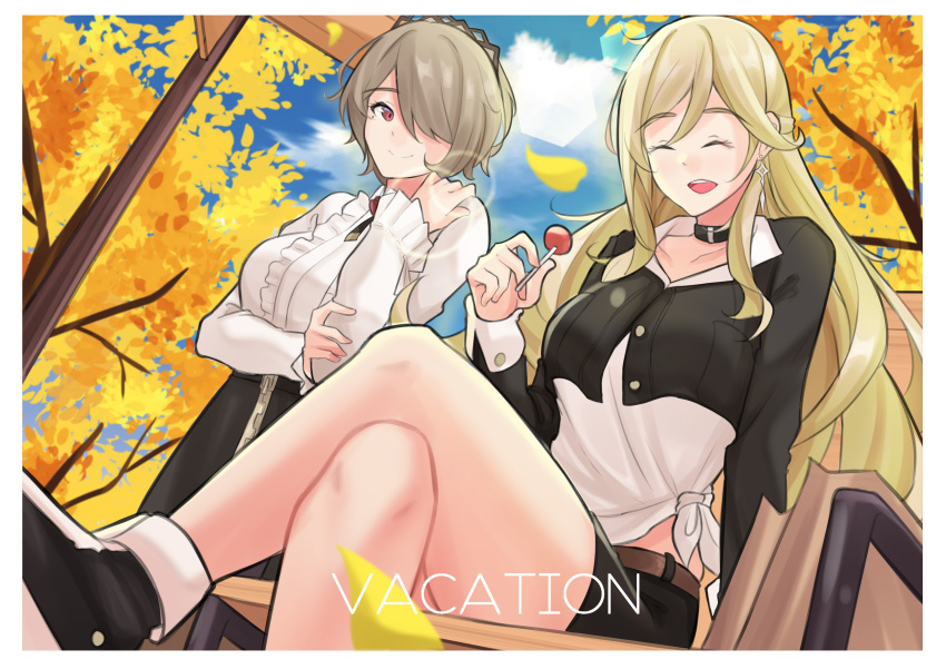 2girls :d absurdres arm_under_breasts bangs bench bianka_durandal_ataegina black_footwear blonde_hair blue_sky brown_hair candy casual closed_eyes closed_mouth cloud cloudy_sky crossed_legs food haerge hair_between_eyes hair_ornament hair_over_one_eye highres holding holding_food honkai_(series) honkai_impact_3rd lollipop long_hair long_sleeves looking_at_another multiple_girls open_mouth rita_rossweisse shirt shoes short_hair signpost sitting sky smile sneakers tree white_shirt