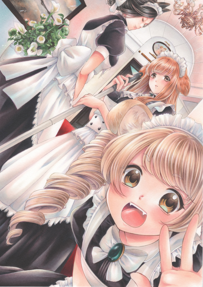 3girls :d absurdres animal_ears apron black_hair blonde_hair blush broom brown_eyes cleaning closed_eyes eyebrows_visible_through_hair fangs highres looking_at_viewer maid maid_apron maid_headdress marker_(medium) mop multiple_girls open_mouth orange_hair original smile teeth traditional_media twintails xx_kosuzu_xx