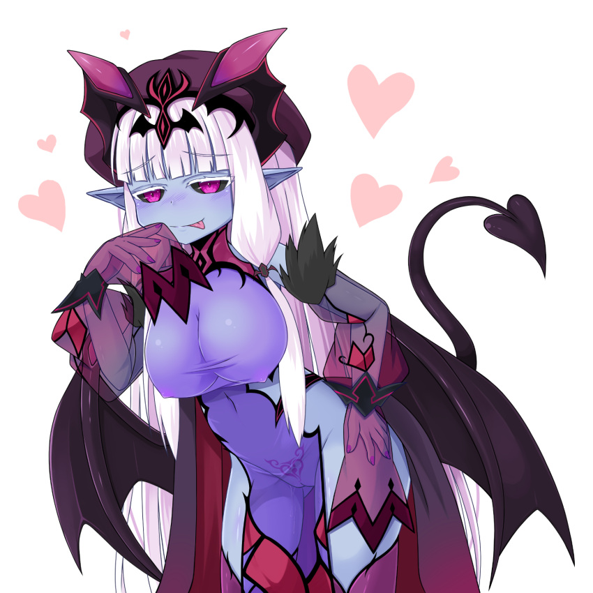 1girl black_sclera blue_skin breasts colored_sclera colored_skin demon_(monster_girl_encyclopedia) demon_girl demon_horns demon_tail demon_wings highres horns large_breasts licking_lips looking_at_viewer monster_girl_encyclopedia original pubic_tattoo purple_eyes pussy see-through_dress see-through_sleeves smile solo sora_(sunday_sky) tail tattoo tongue tongue_out white_hair wings