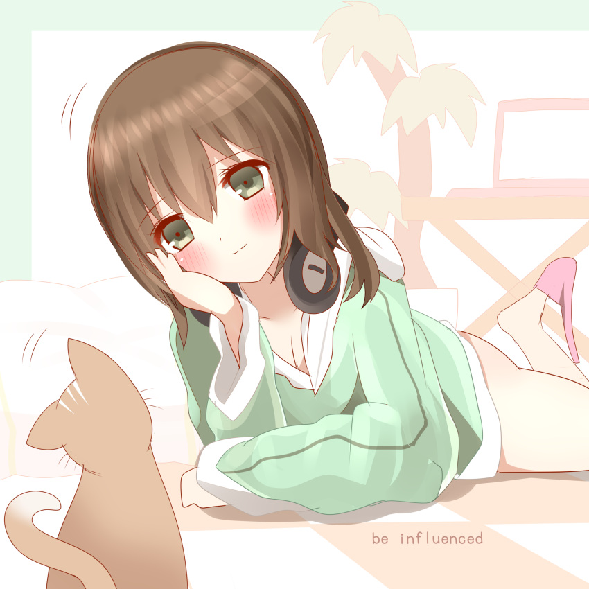 1girl absurdres animal bangs blush breasts brown_hair cat checkered cleavage closed_mouth commentary_request computer english_text eyebrows_visible_through_hair green_eyes green_hoodie hair_between_eyes head_tilt headphones headphones_around_neck highres hood hood_down hoodie laptop lying medium_breasts non_(wednesday-classic) on_stomach original pillow pink_footwear plant slippers smile solo table