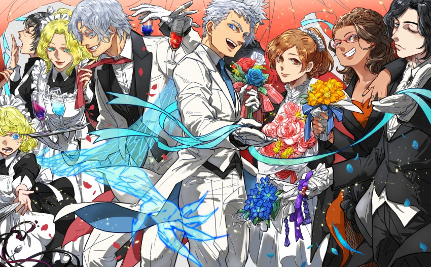 4boys 5girls :d ;d alternate_costume apron back_bow bangs black_hair black_shirt blonde_hair blue_eyes blue_flower blue_neckwear blue_rose bouquet bow braid breasts brown_eyes brown_hair cleavage closed_eyes coattails collared_shirt cup curly_hair curtains dante_(devil_may_cry) dark_skin devil_may_cry_(anime) devil_may_cry_(series) devil_may_cry_4 devil_may_cry_5 drink drinking_glass enmaided everyone eyebrows_visible_through_hair facial_hair facing_away feathers fishnet_legwear fishnets flower fork formal freckles french_braid frilled_apron frills glasses gloves highres holding holding_tray knife kyrie lady_(devil_may_cry) light_particles lipstick long_hair long_sleeves looking_at_viewer maid maid_headdress makeup mature_male miyasemao multicolored multicolored_nails multiple_boys multiple_girls nail_art nail_polish necktie neckwear_grab nero_(devil_may_cry) nico_(devil_may_cry) official_alternate_costume one_eye_closed open_mouth pale_skin parted_bangs patty_lowell petals ponytail red_flower red_rose ribbon rose rose_petals scar scar_on_face scar_on_nose shirt short_hair silver_hair smile spoon stubble suit sweat transparent_wings tray tripping trish_(devil_may_cry) v_(devil_may_cry) vergil_(devil_may_cry) vest white_flower white_gloves white_rose wings yawning yellow_flower