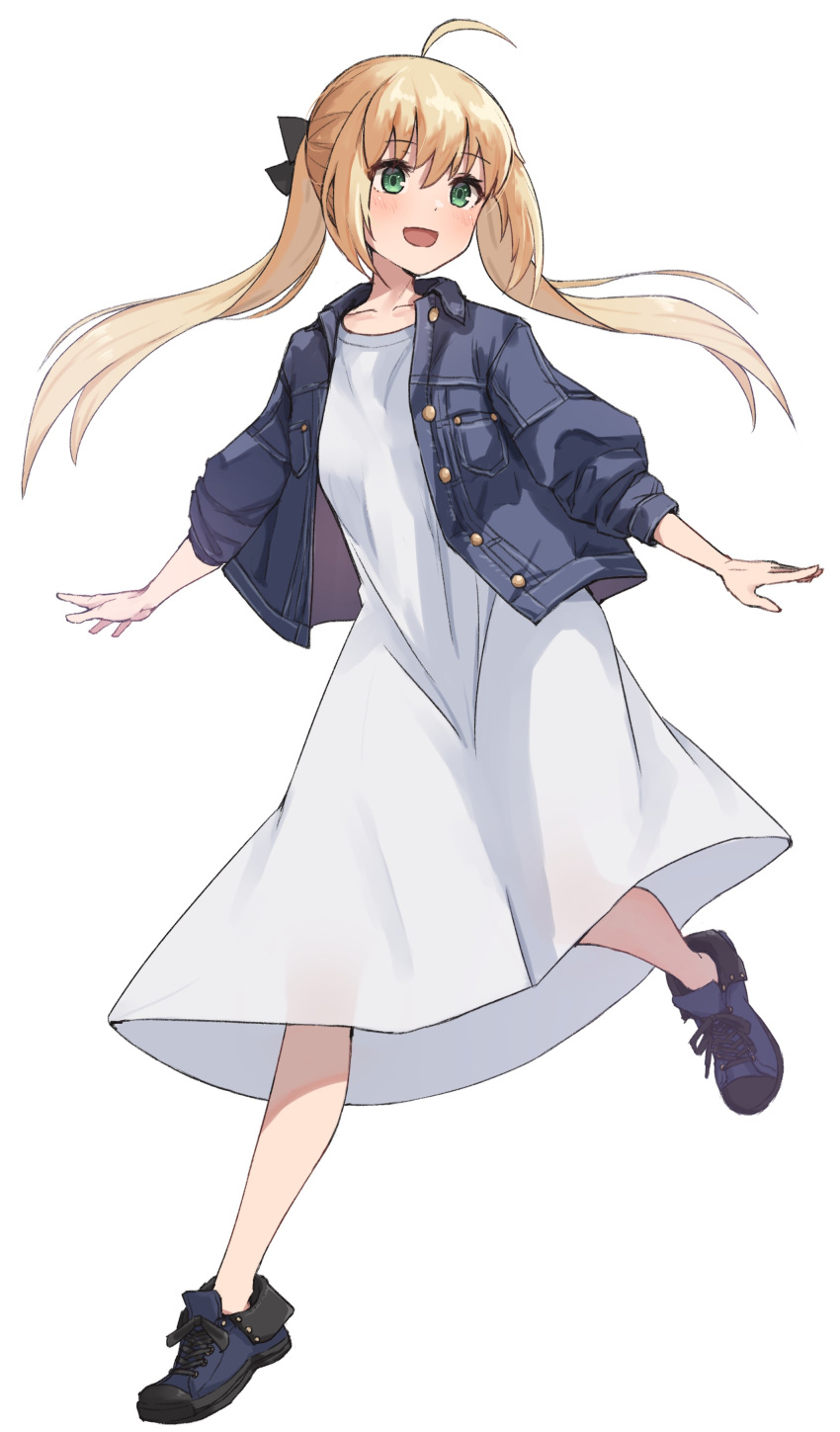 1girl absurdres artoria_pendragon_(all) artoria_pendragon_(caster)_(fate) bangs blonde_hair blue_jacket blush breasts contemporary dress fate/grand_order fate_(series) full_body green_eyes highres jacket kopaka_(karda_nui) long_hair long_sleeves open_mouth small_breasts smile solo twintails white_dress