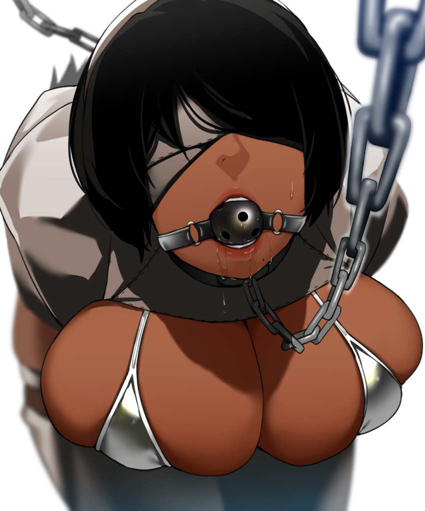 1girl alternate_color alternate_skin_color bakkanki ball_gag bangs bdsm bikini black_hair blindfold bondage bound bound_arms bound_wrists breastless_clothes breasts chain cleavage cleavage_cutout clothing_cutout dark-skinned_female dark_skin drooling facing_viewer gag gagged highres juliet_sleeves kneeling large_breasts leash leash_pull lips long_sleeves mole mole_under_mouth nier_(series) nier_automata pink_lips puffy_sleeves restrained saliva saliva_trail short_hair silver_bikini swimsuit thick_thighs thighhighs thighs viewer_holding_leash white_background white_blindfold white_legwear yorha_no._2_type_p