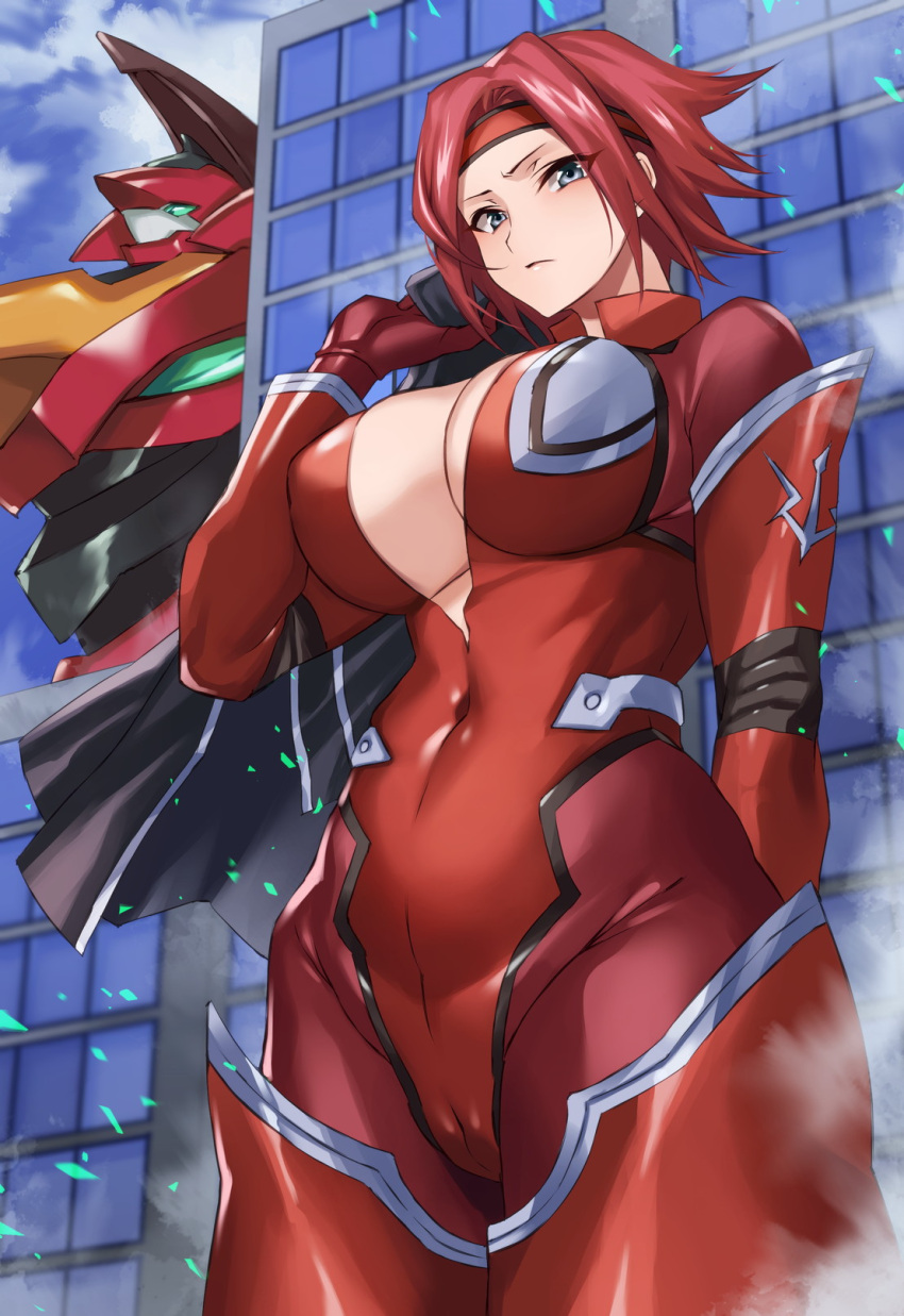 1girl arm_behind_back black_jacket blue_eyes blue_sky bodysuit breasts cleavage code_geass commentary_request covered_navel from_below headband highres hikari_(komitiookami) jacket kallen_stadtfeld knights_of_the_round_uniform large_breasts looking_at_viewer mecha pilot_suit red_bodysuit red_hair shiny shiny_clothes short_hair sky solo standing