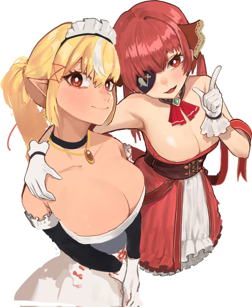 2girls arm_around_shoulder black_eyepatch blonde_hair breasts closed_mouth commentary_request dark-skinned_female dark_skin elf eungi eyepatch gloves highres hololive houshou_marine large_breasts multicolored_hair multiple_girls orange_eyes parted_lips pointy_ears red_eyes red_hair shiranui_flare streaked_hair virtual_youtuber white_gloves