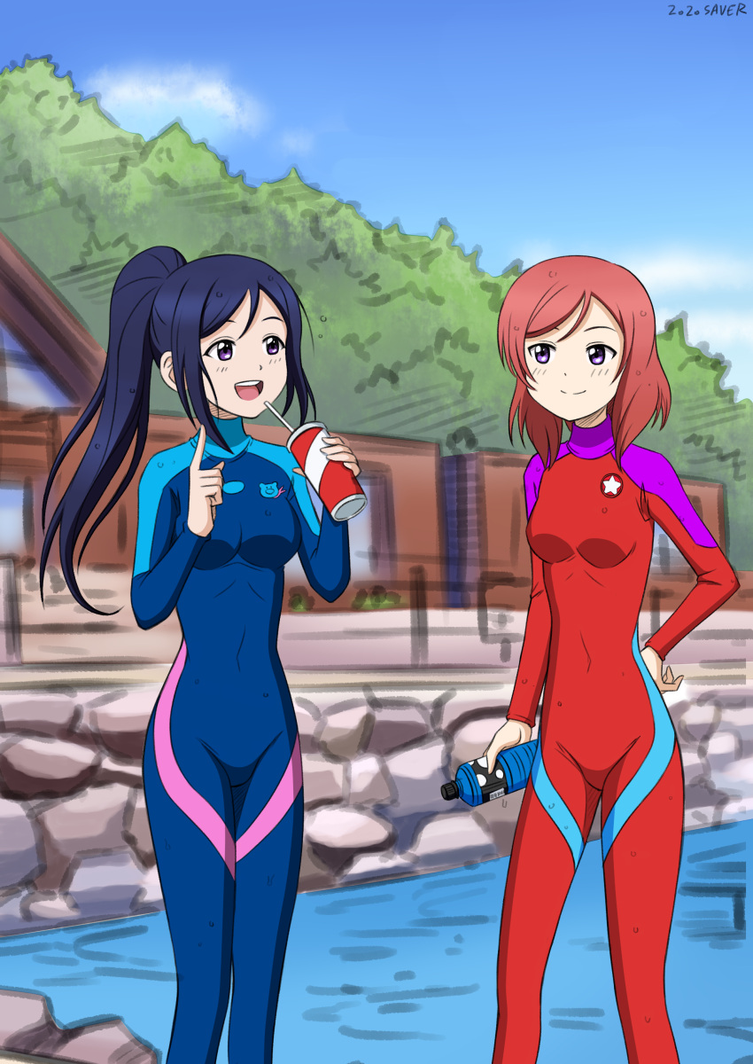 2girls absurdres blue_hair blue_sky blurry blurry_background bottle cup diving_suit drinking_straw hand_on_hip highres long_hair love_live! love_live!_school_idol_project love_live!_sunshine!! matsuura_kanan multiple_girls nishikino_maki ponytail purple_eyes red_hair saver_(artbysaver) short_hair sky tagme wet wet_hair wetsuit