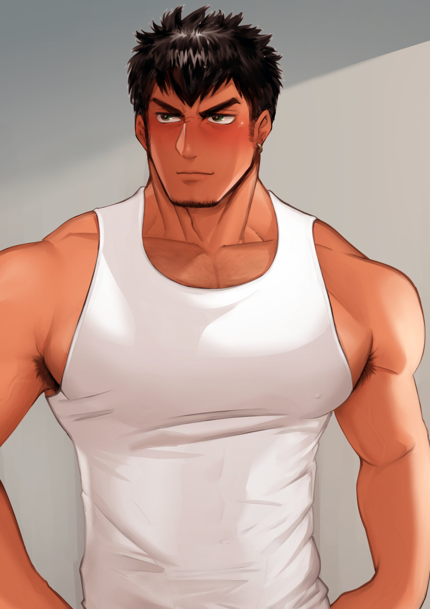 1boy absurdres armpit_hair armpit_peek bara bare_shoulders black_hair blush dark-skinned_male dark_skin earrings facial_hair goatee highres jewelry large_pectorals long_sideburns male_cleavage male_focus mature_male miqi_(nnaf3344) muscular muscular_male original pectorals short_hair sideburns sidepec single_earring solo spiked_hair tank_top upper_body white_tank_top