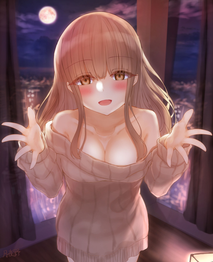 1girl artist_name blush breasts brown_hair city cleavage cloud cloudy_sky commentary_request eyebrows_visible_through_hair highres indoors large_breasts long_hair looking_at_viewer night off-shoulder_shirt off_shoulder original ribbed_sweater shirt sky solo sweater tsukiyono