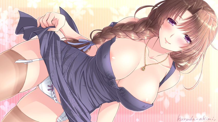 1girl areola_slip areolae artist_name blue_ribbon blush bow bow_panties braid breasts brown_hair brown_legwear cleavage clothes_lift collarbone covered_nipples cowboy_shot dress dress_lift dutch_angle garter_straps hair_ribbon hasuma_kanae highres kuroda_akimi large_breasts lips looking_at_viewer mature_female off_shoulder panties purple_eyes ribbon sheer_legwear single_braid sleeveless sleeveless_dress smile solo thighhighs tsumamigui underwear white_panties